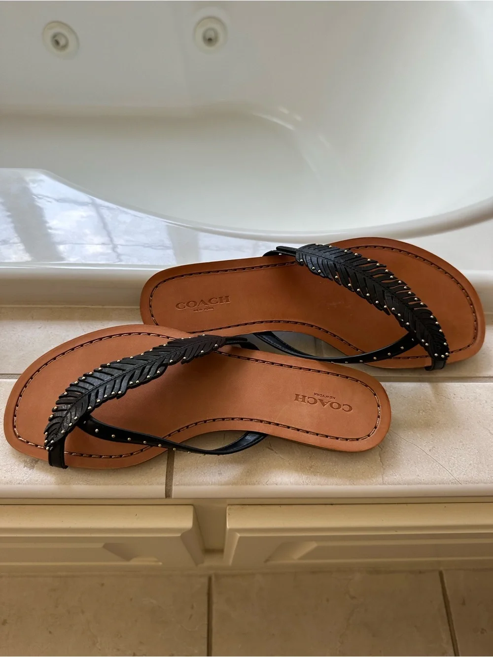 Coach Black Leather Leaf-Trim Flip Flop Sandals